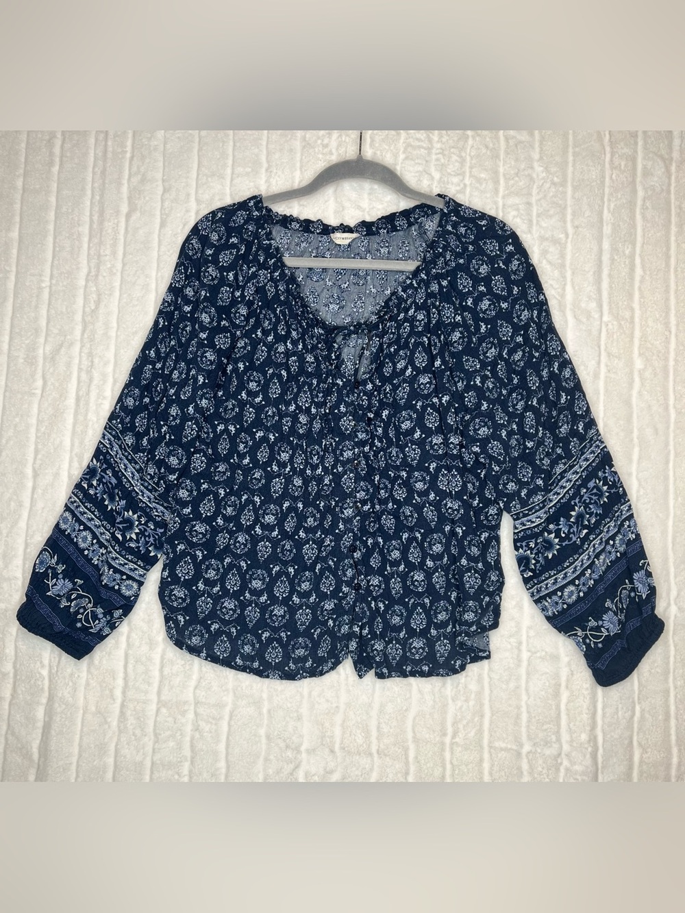Lucky Brand Navy Blue Floral Paisley Peasant Blouse Top Medium Boho Tie Neck